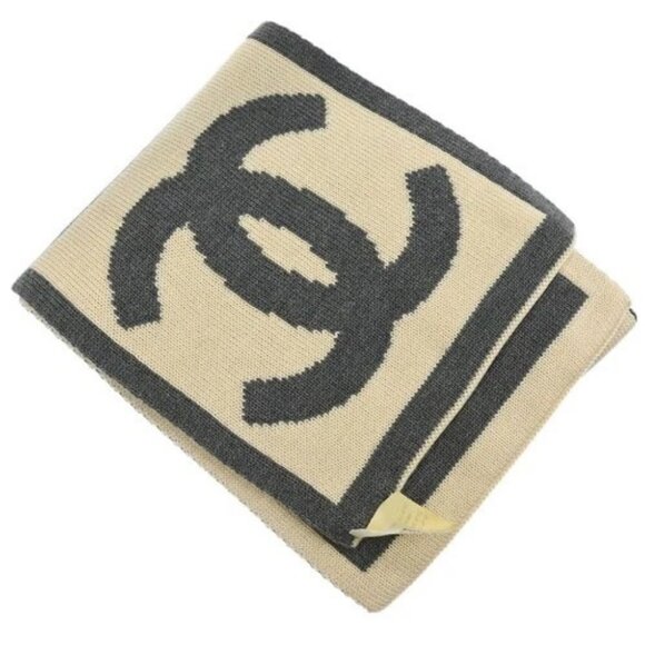 Chanel Sport Line Scarf Shawl Muffler White Gray Small Good 145504